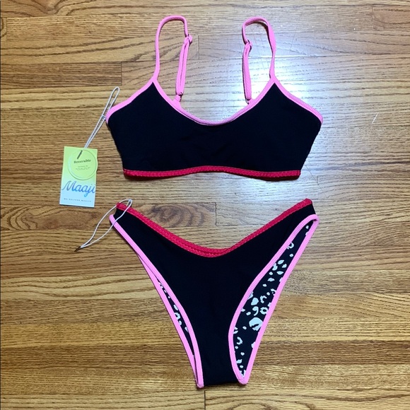 Maaji swimsuit black pull on bralette bikini set reversible cheeky bathing suit - Picture 1 of 12